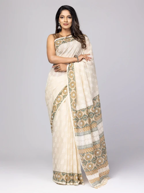 Beige Printed Cotton Saree